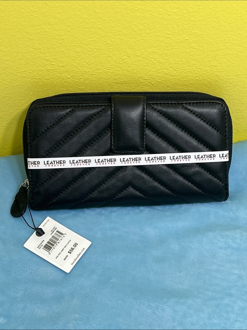 NEW Mundi Black Genuine Leather Quilted Chevron Wallet/Clutch